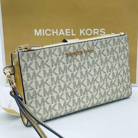 Michael Kors Large Double Zip Wallet Wristlet Gold - Picture 1 of 8